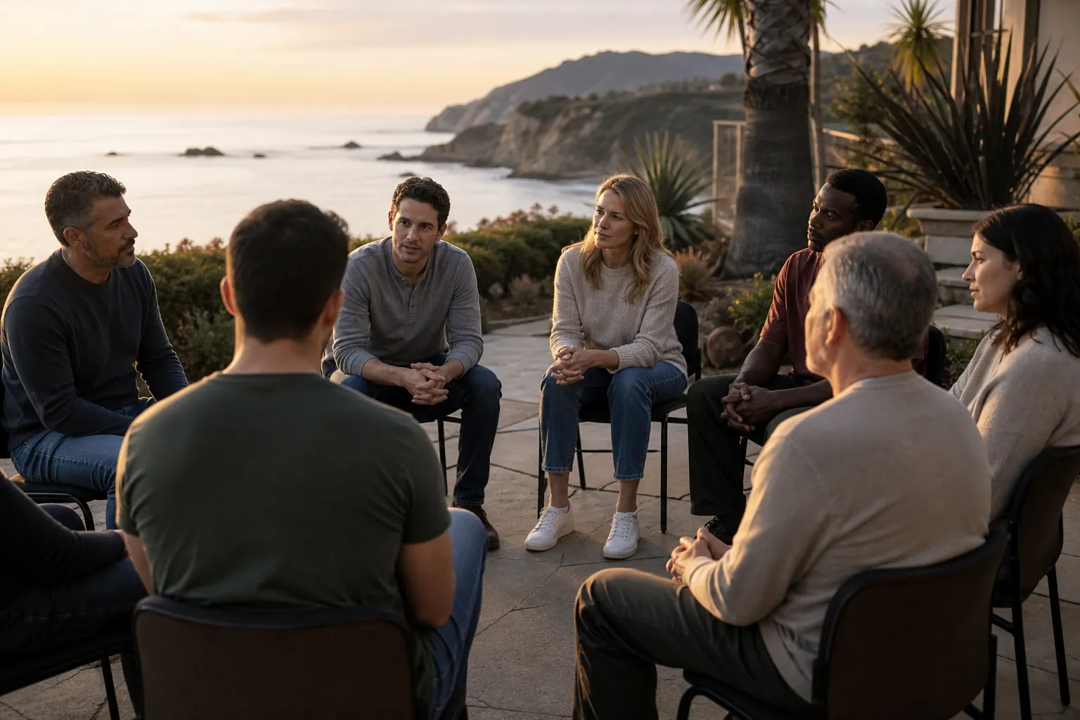 Recovery support group meeting on the California coast Adults seated in a recovery support circle on a coastal California patio at sunset.
