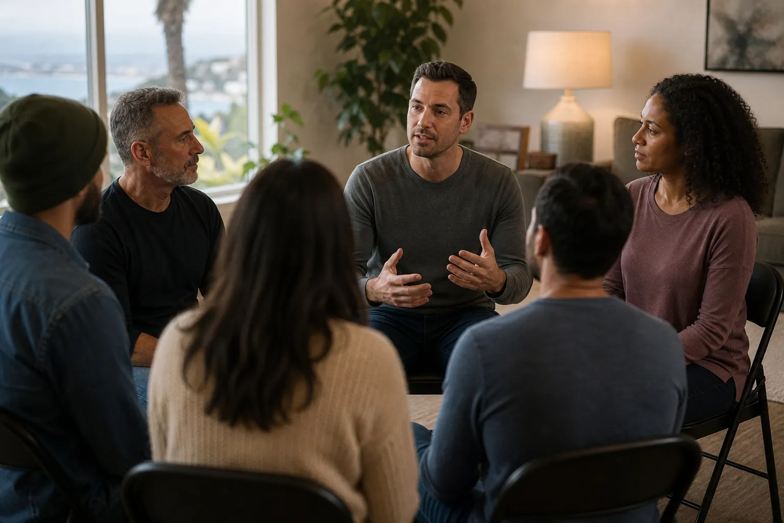 Peer Support Group Meeting in a Rehab Setting Six adults sit in a circle as one man speaks and gestures during a peer support group meeting.