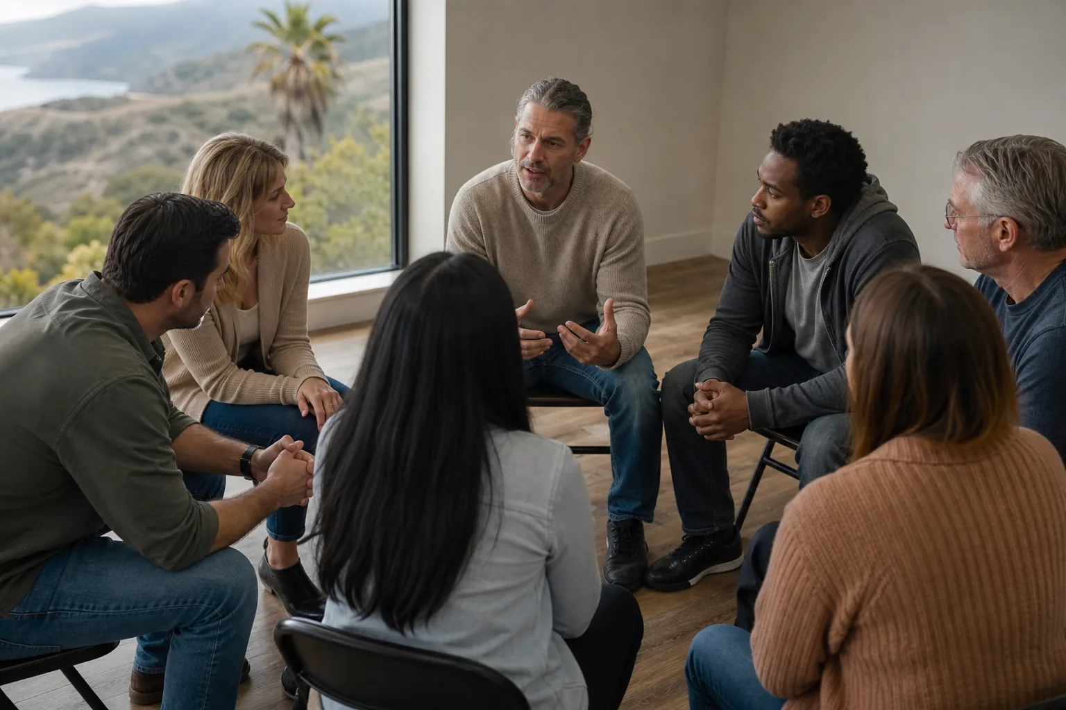 Adults in a 12-step recovery support group meeting Seven adults sit in a circle during a recovery support group meeting as one man speaks and gestures.