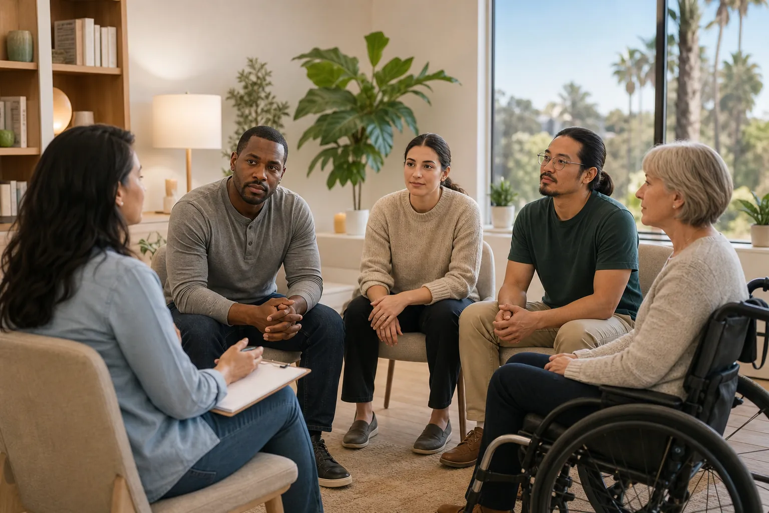 Counselor leads a diverse addiction treatment support group, including a woman using a wheelchair, in a bright California setting.