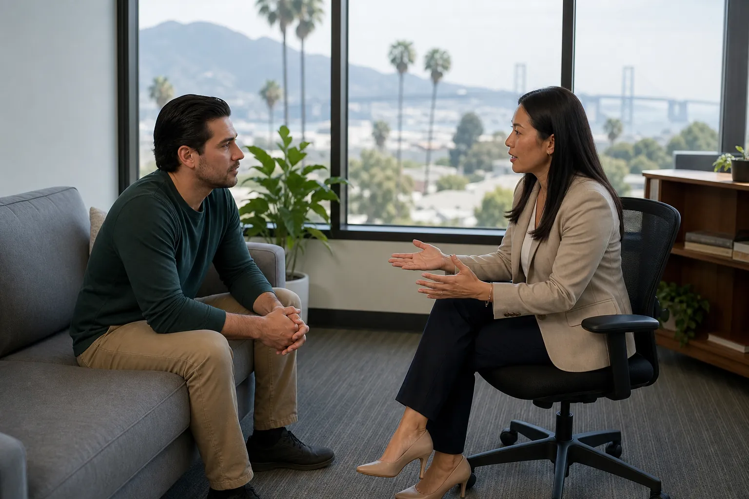 A man speaks with a female counselor in an office overlooking palm trees, mountains, and a bridge.