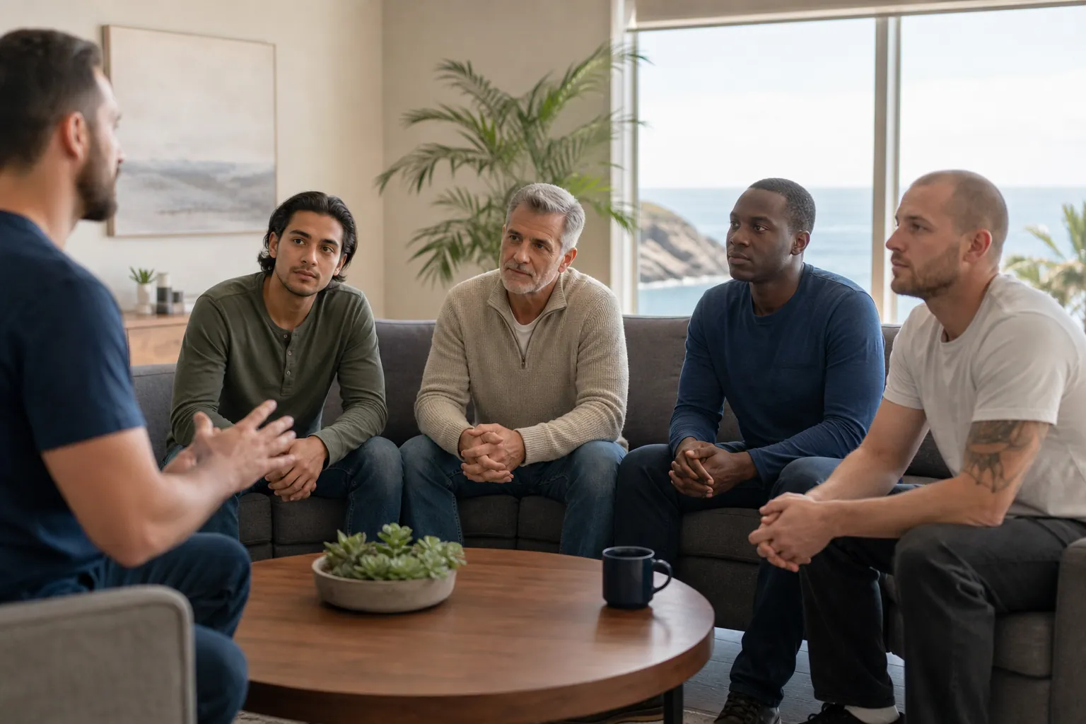 Men in a Group Discussion in an Oceanfront Lounge Five men sit in a group discussion around a wooden coffee table in a bright lounge with ocean views.