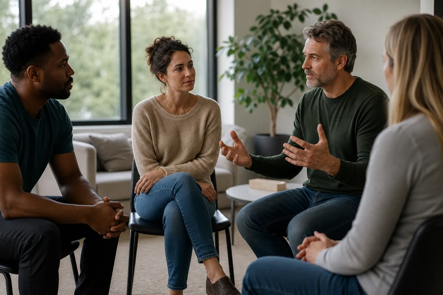 Four Adults Participating in a Group Discussion Four adults sit in a circle in a bright room, listening as a man gestures with both hands during a group discussion.
