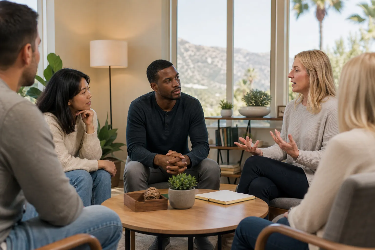 Adults Participating in a Small Group Discussion Five adults sit in a circle around a coffee table, listening as a blonde woman gestures during a group discussion.