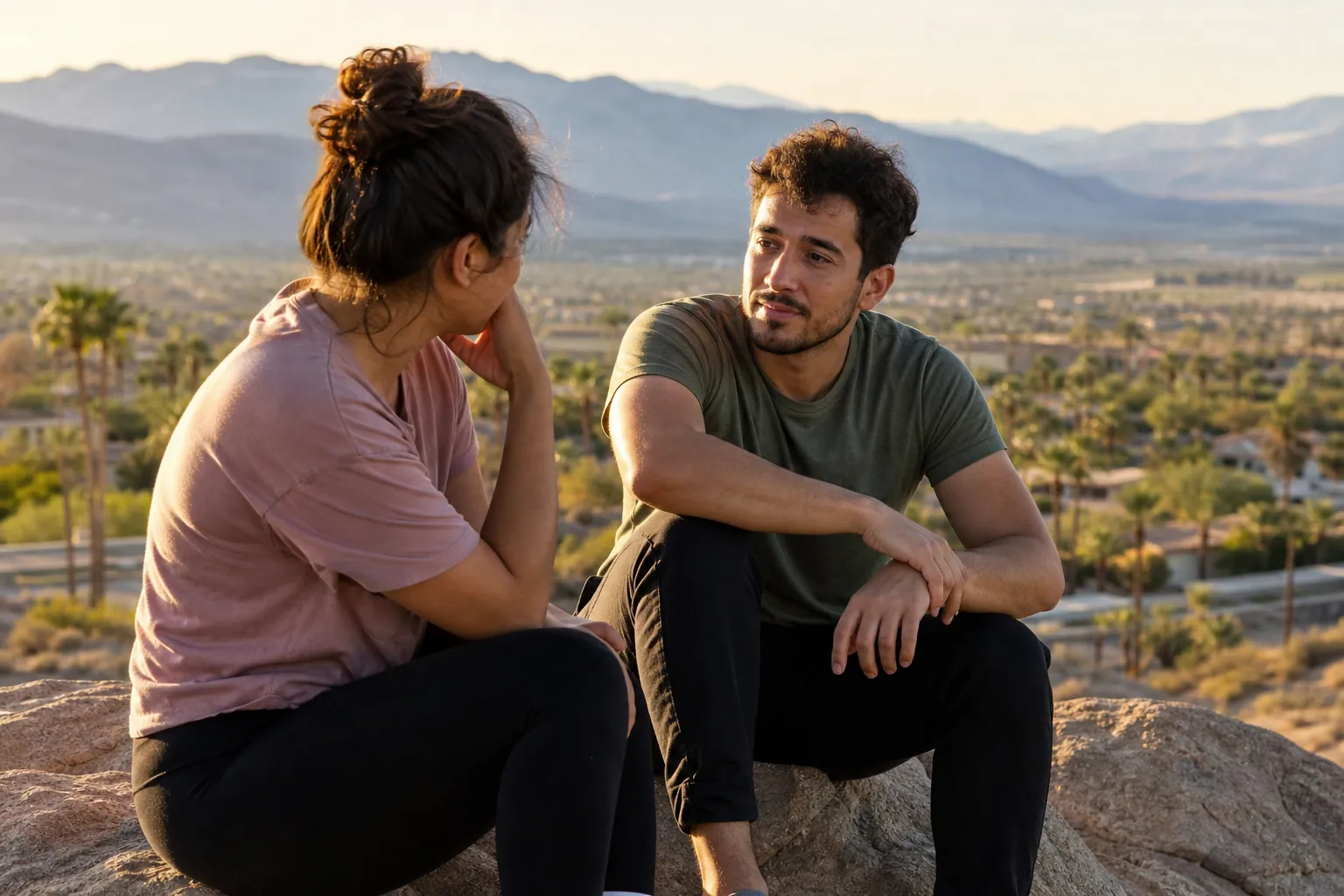 A woman and a man sit facing each other on sunlit rocks above a desert town with palm trees and distant mountains.