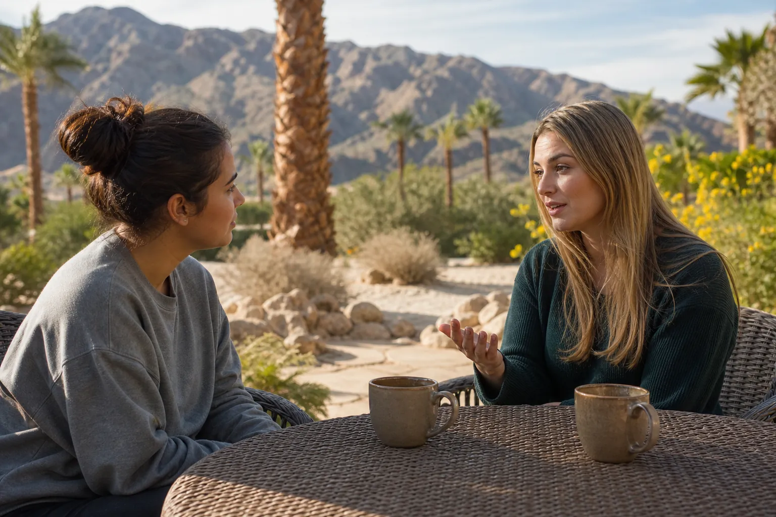 Two women converse at a wicker patio table with two mugs, surrounded by desert plants, palm trees, and mountains.
