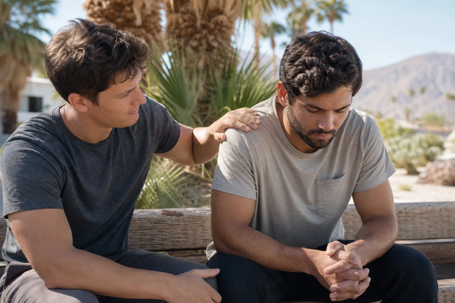 Two men sit on a wooden bench as one rests a reassuring hand on the other's shoulder, with palms and mountains behind them.