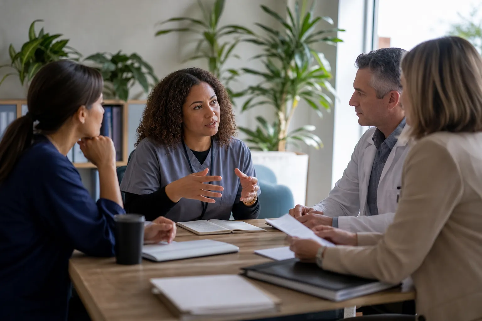 Four adults seated around a table with notebooks and papers while a woman in gray scrubs speaks. Four adults seated around a table with notebooks and papers while a woman in gray scrubs speaks.