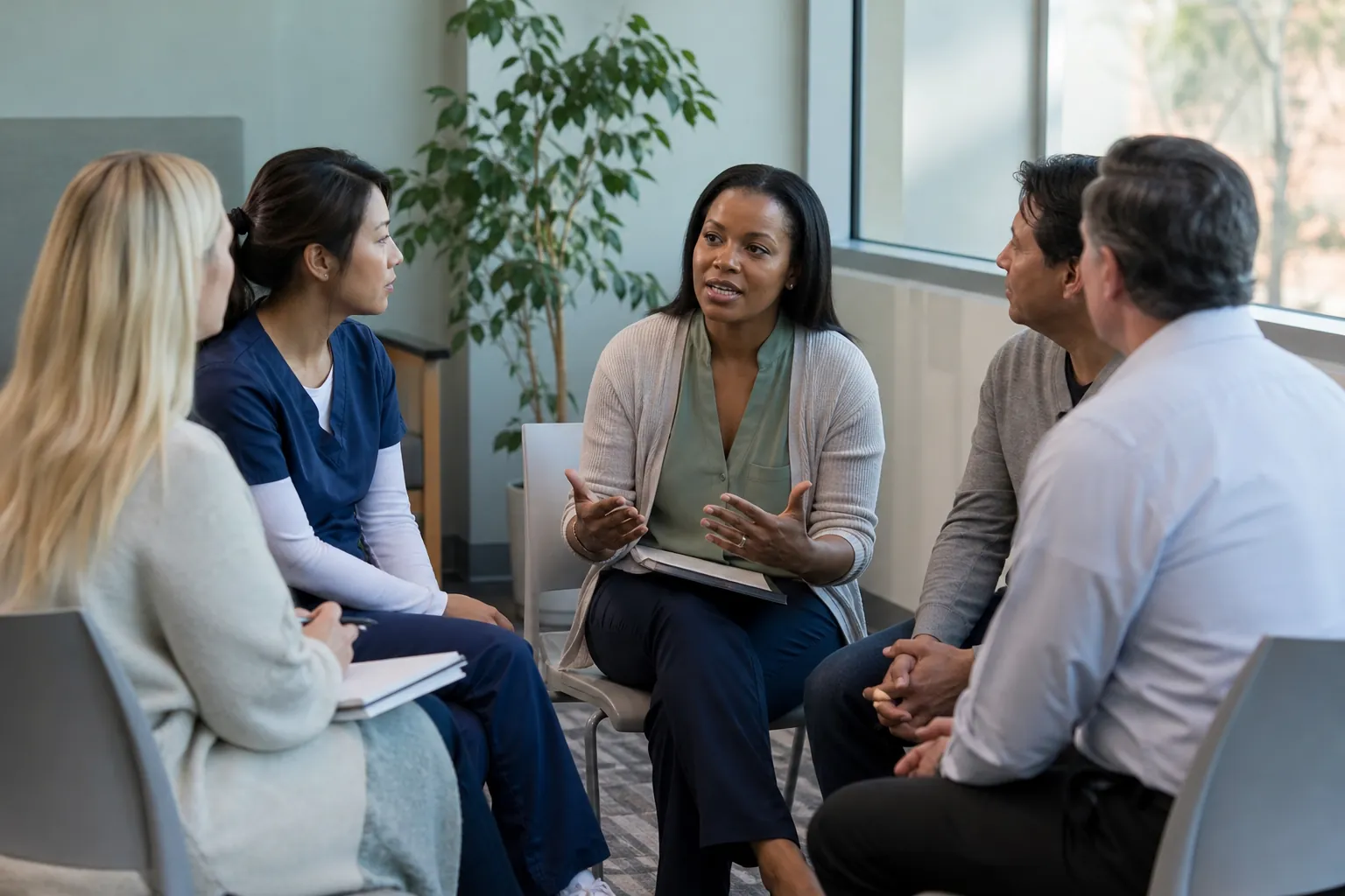 Five adults seated in a circle in a bright room while a woman with a notebook gestures as she speaks. Five adults seated in a circle in a bright room while a woman with a notebook gestures as she speaks.