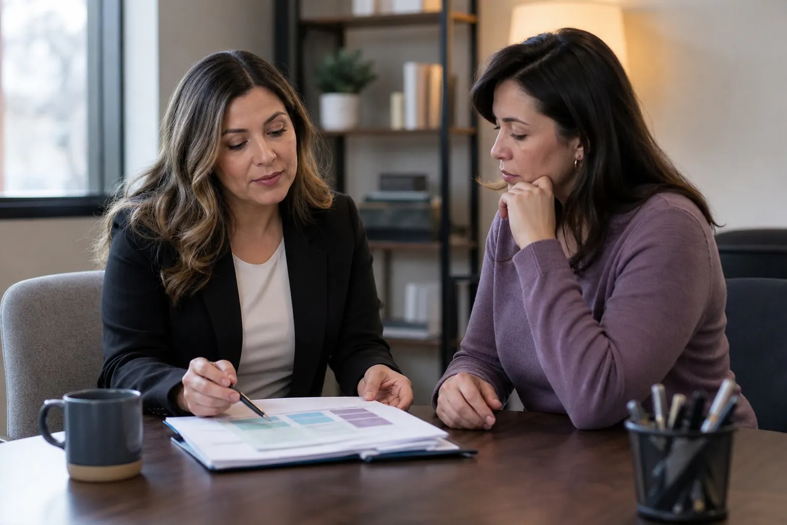 Two women seated at a table reviewing a document with colored blocks while one points with a pen.
