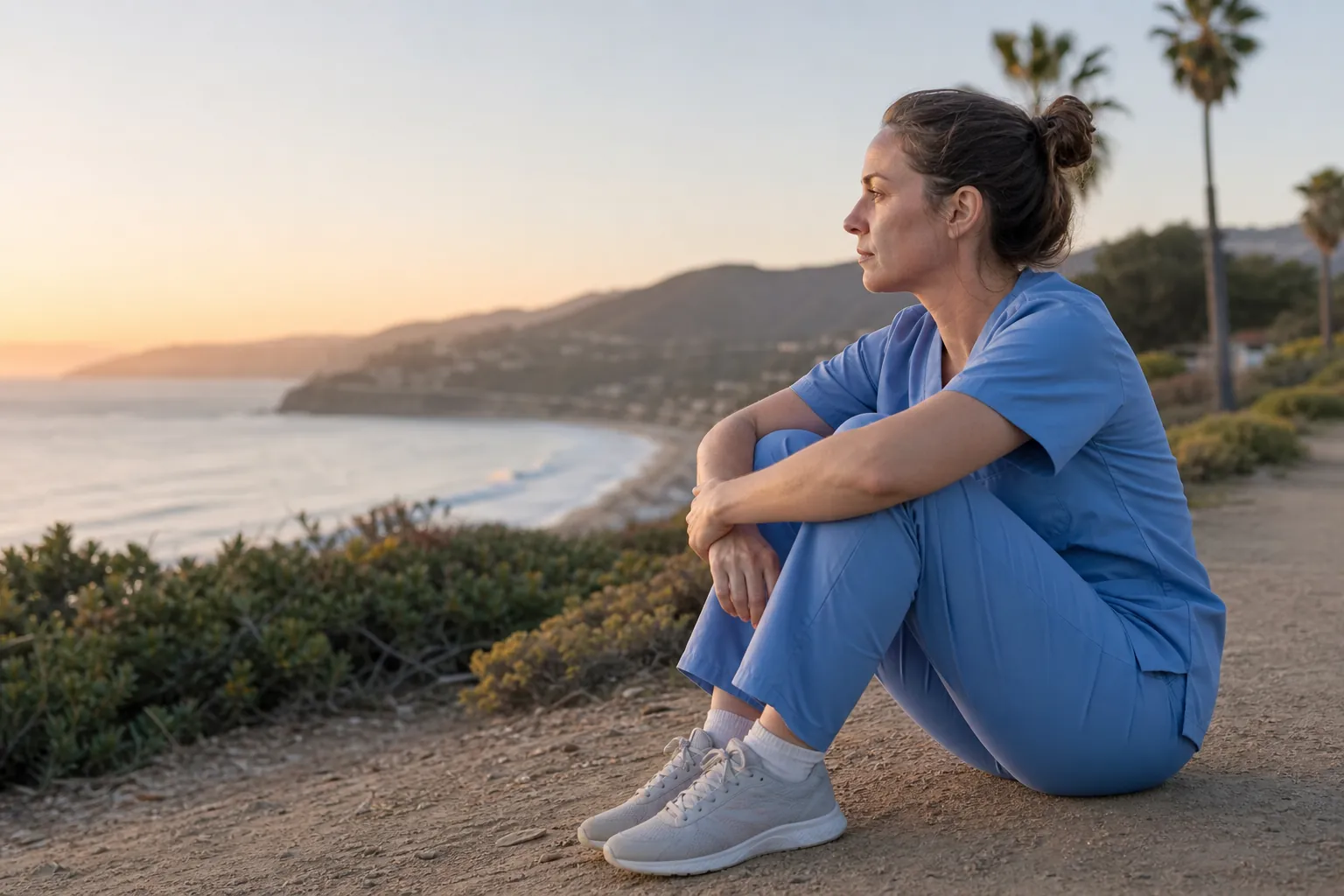 Healthcare worker reflecting on the California coast Healthcare worker in blue scrubs sits on a coastal path at sunset, looking across the ocean and California hills.