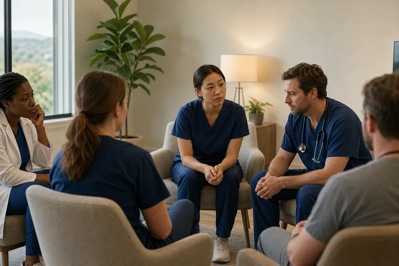 Healthcare workers in a supportive treatment group Five healthcare workers in scrubs and clinical attire sit in a circle for a supportive group discussion.