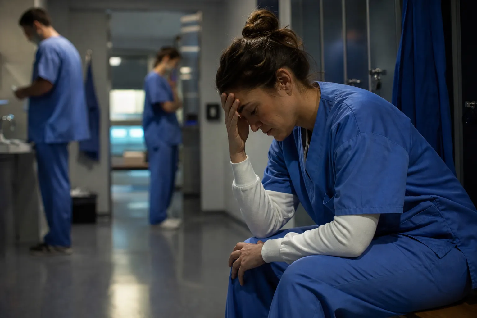 Distressed healthcare worker seated in a hospital corridor Distressed healthcare worker in blue scrubs sits with her head in her hand while two colleagues stand in a hospital corridor.