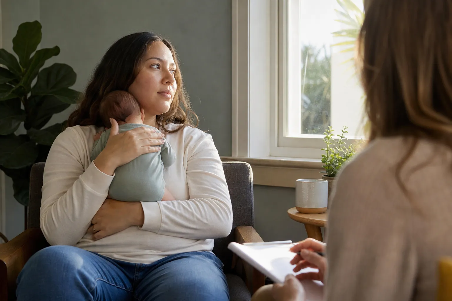 Mother Holding a Baby During a Counseling Session A seated woman holds a baby against her shoulder while facing another woman holding a pen and clipboard near a window.