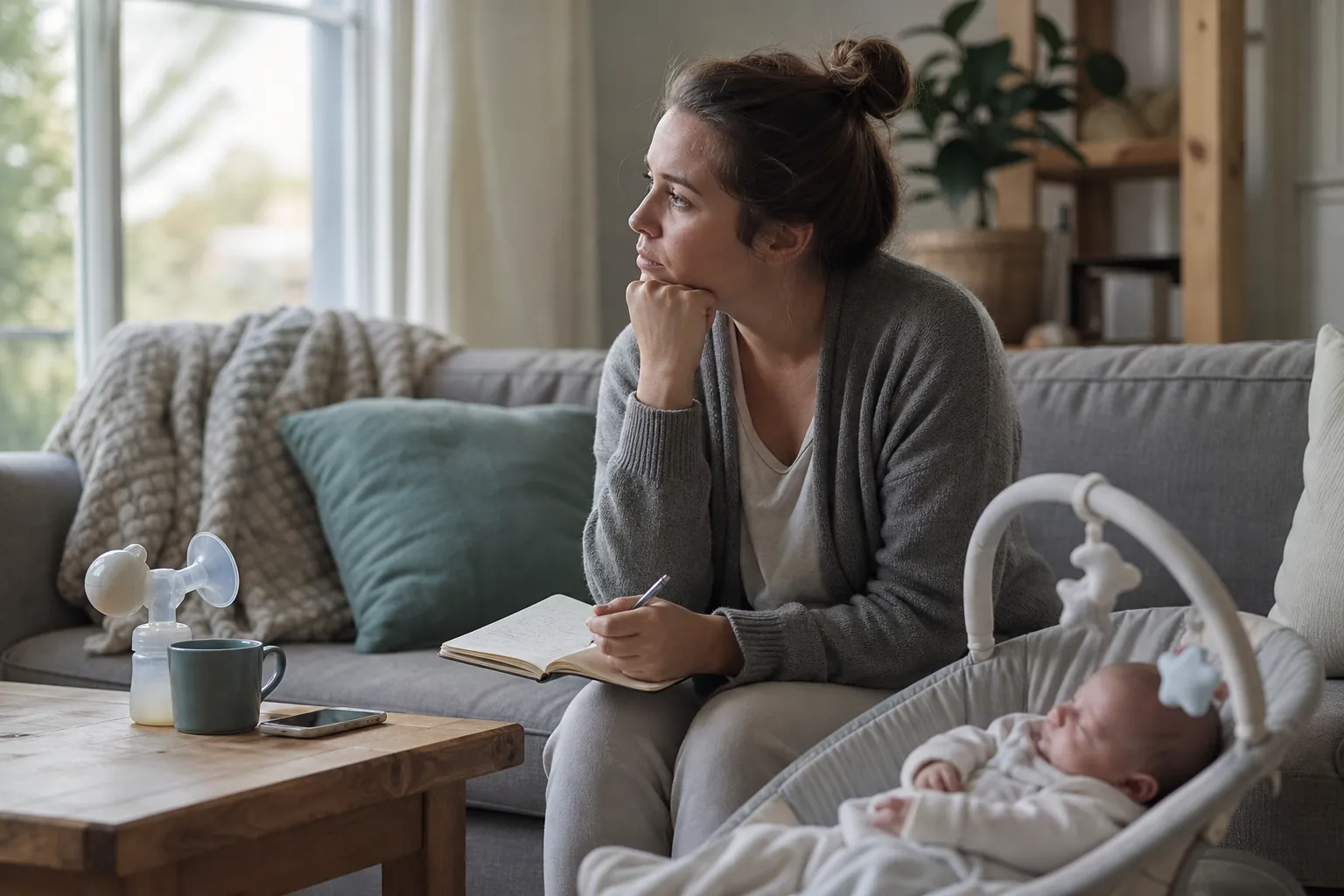 Mother With Notebook Beside a Sleeping Baby A woman holds a pen over an open notebook beside a sleeping baby in a rocker, with a breast pump and mug on the coffee table.