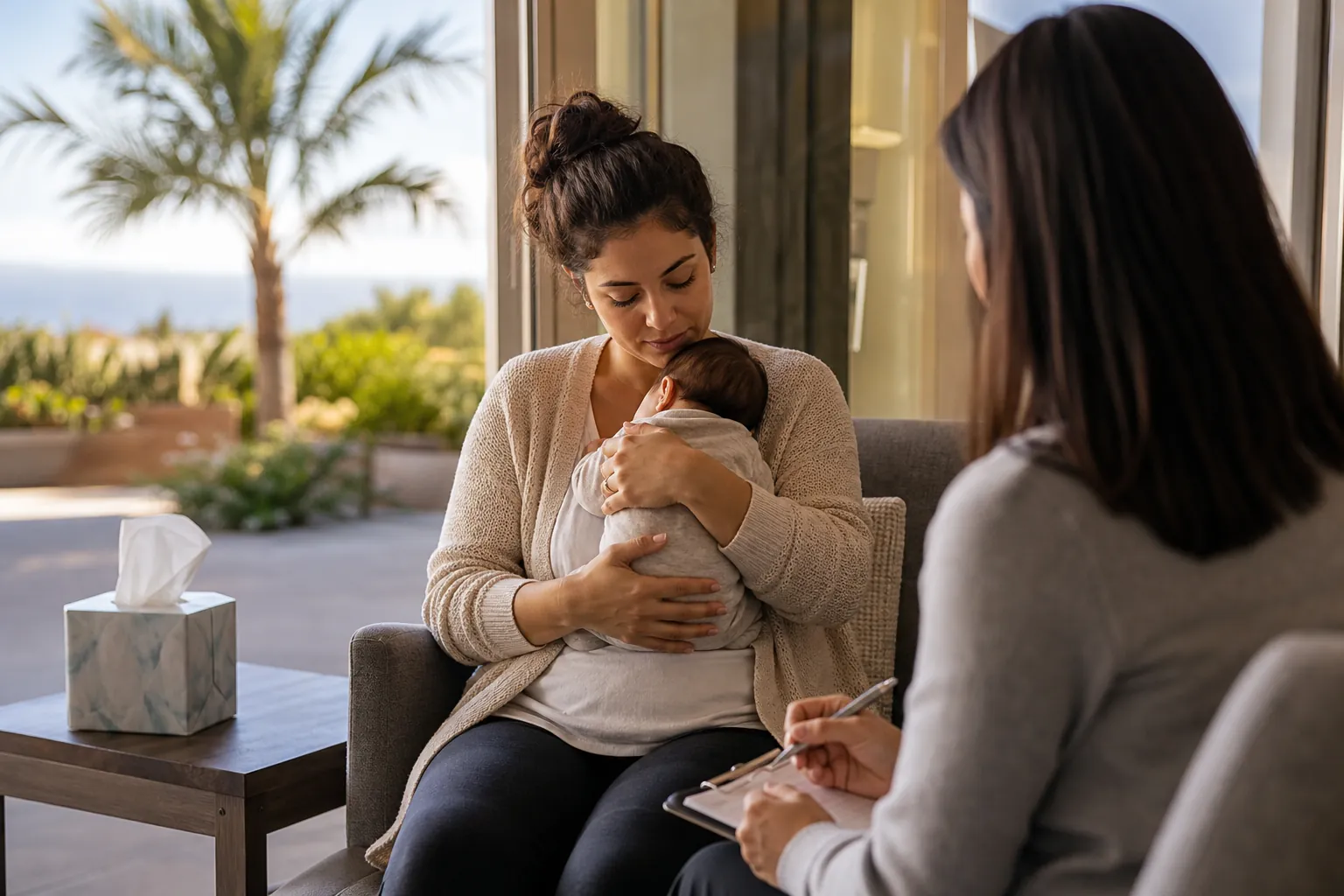 Parent Holding a Newborn During a Counseling Session A seated woman cradles a newborn while another woman holds a pen and clipboard, with a tissue box on a nearby table.