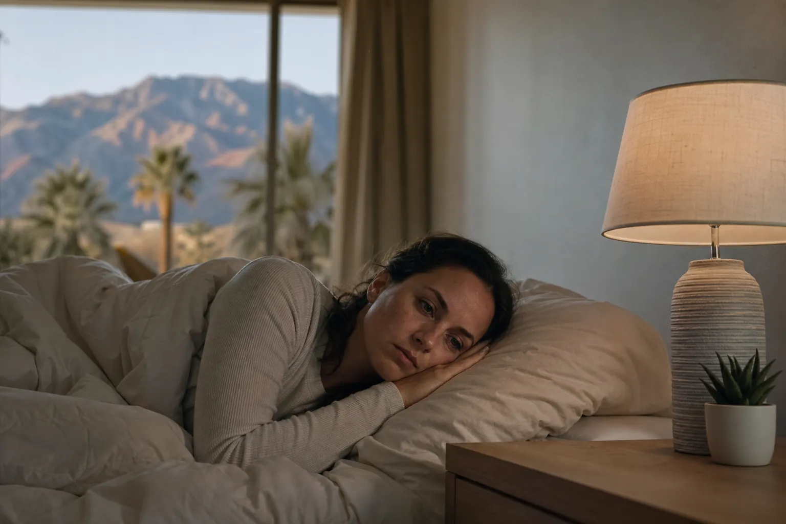 Woman Lying Awake in a Desert Bedroom A woman lies awake on her side in bed beside a lit lamp, with palm trees and desert mountains visible through the window.
