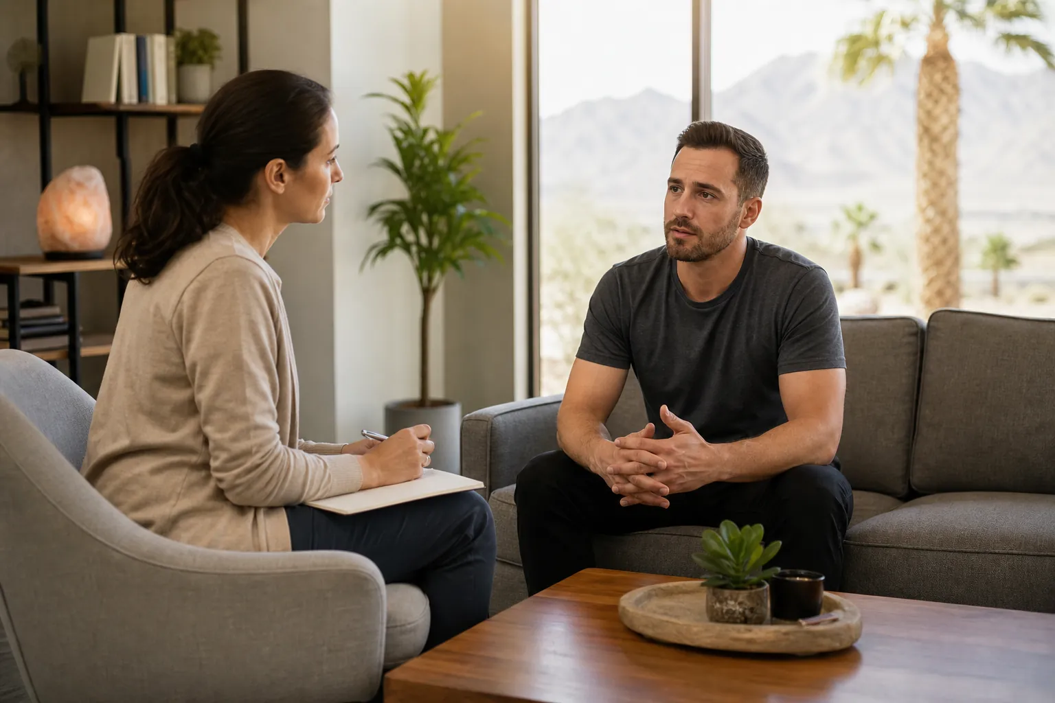Counseling Conversation in a Desert Office A woman holding a pen and notepad faces a man seated on a sofa, with desert mountains and a palm tree outside.