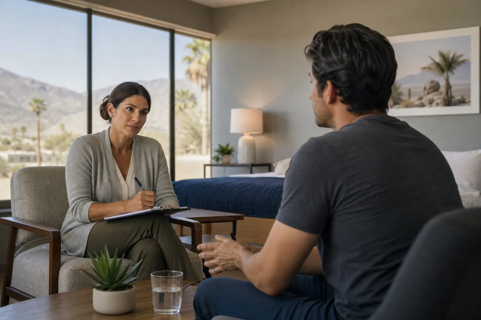 Clinical Conversation in a Desert Bedroom A woman holding a pen and clipboard listens to a seated man beside a bed, with desert mountains and palms outside.