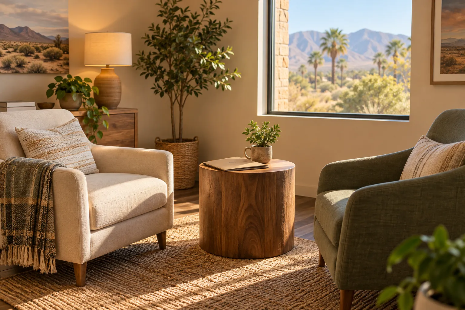 Two armchairs beside a round wooden table with a folder and potted plant, near a window overlooking palm trees and desert mountains.