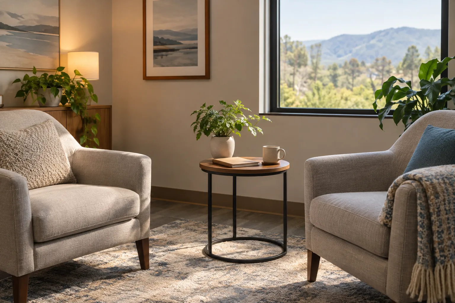 Two upholstered armchairs beside a round table with a potted plant, book, and mug, near a window overlooking trees and hills.