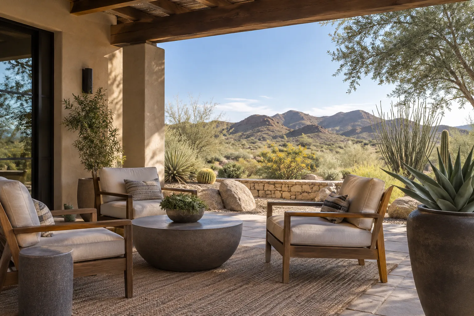 Three cushioned wooden chairs around a low round table on a covered patio overlooking desert plants and mountains.