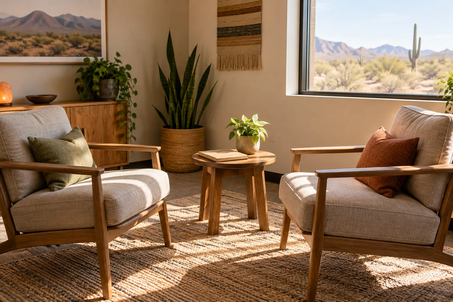 Sunlit seating area with a desert view Two upholstered wooden armchairs flank a round table holding a book and potted plant in a sunlit room overlooking desert mountains.