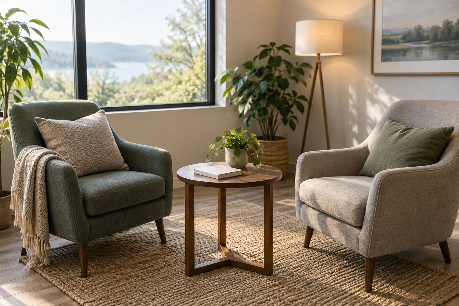 Sunlit sitting room with two armchairs Two upholstered armchairs beside a round wooden table with a potted plant and book in a sunlit room overlooking water and trees.