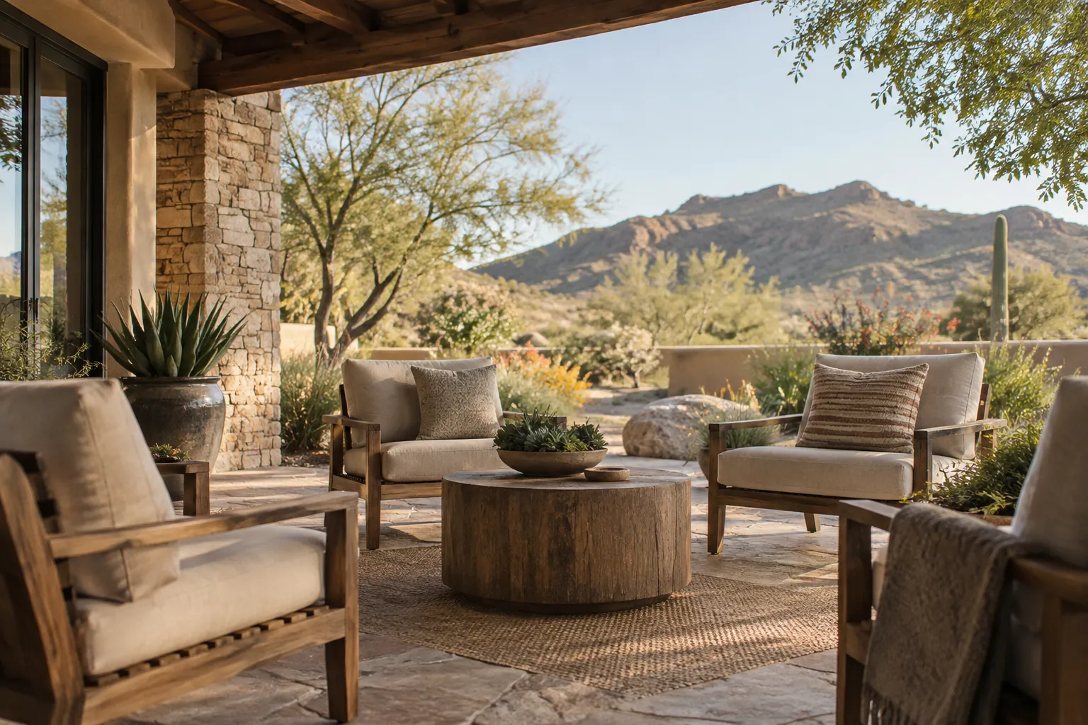 Covered desert patio with mountain views Cushioned wooden chairs surround a round coffee table on a covered stone patio overlooking desert plants and mountains.
