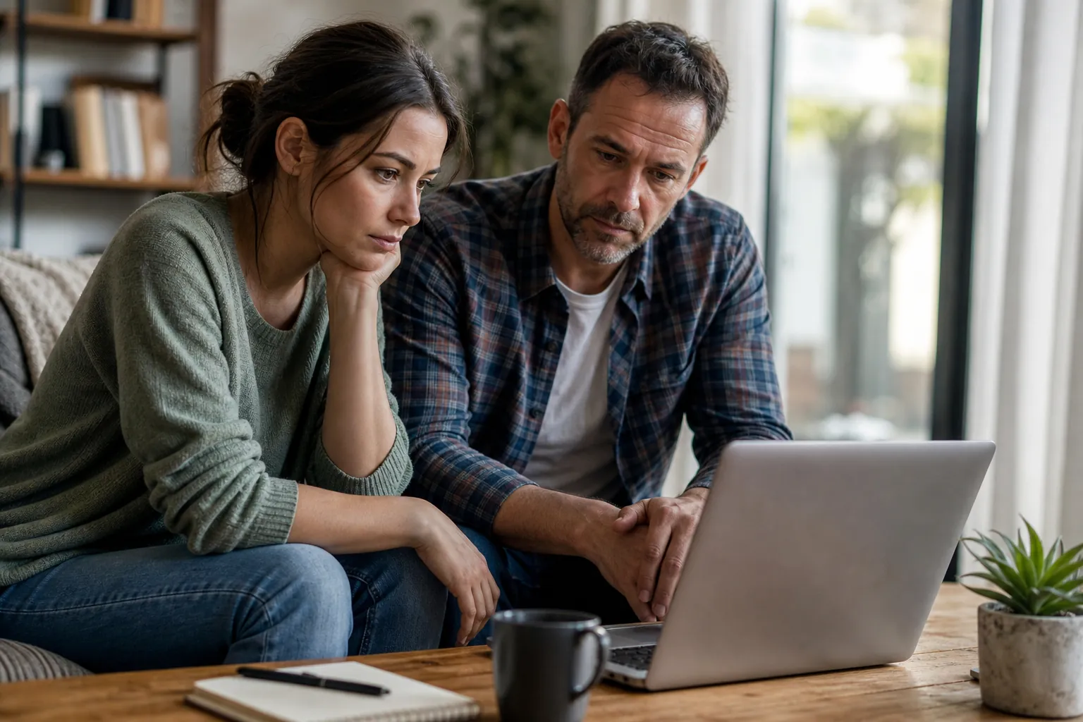 Two adults seated on a sofa look at a laptop on a wooden table beside a notebook and mug. Two adults seated on a sofa look at a laptop on a wooden table beside a notebook and mug.