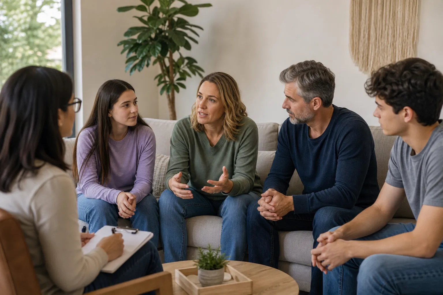 Four people seated on a sofa talk with a person holding a clipboard, while the woman in the center gestures with both hands. Four people seated on a sofa talk with a person holding a clipboard, while the woman in the center gestures with both hands.