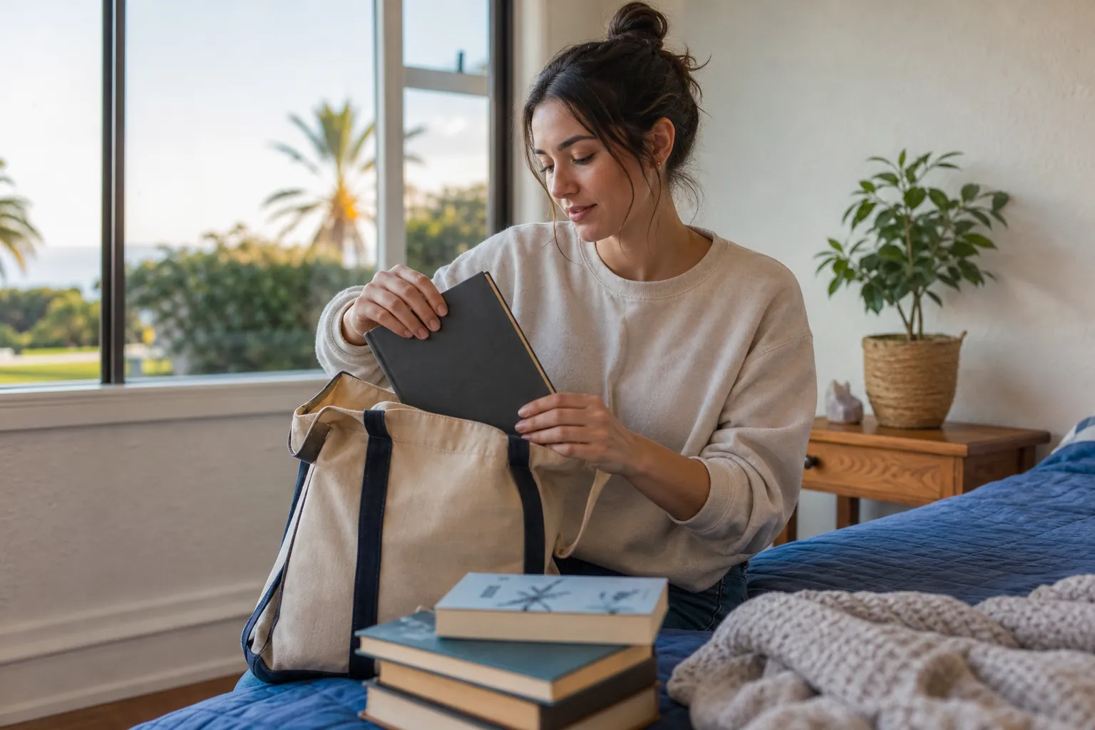 A woman places a dark hardcover book into a canvas tote beside a stack of books on a blue bed in a sunlit room.