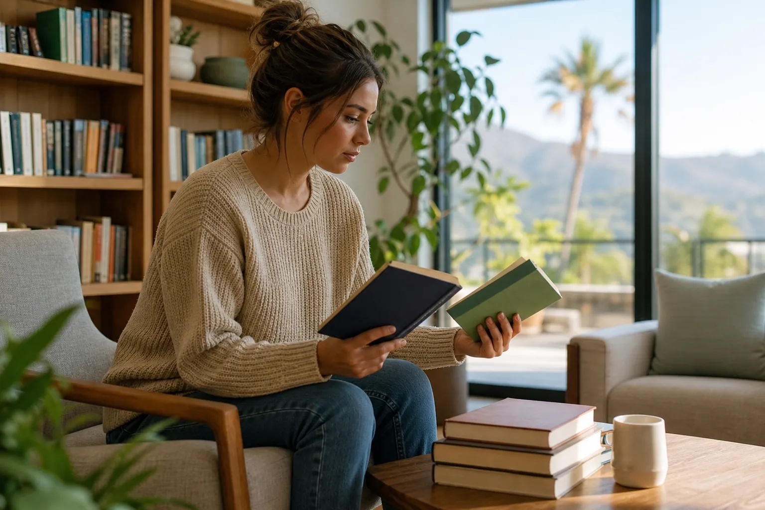 A seated woman compares two books beside a table with stacked books and a mug, with bookshelves and a sunny window behind her.