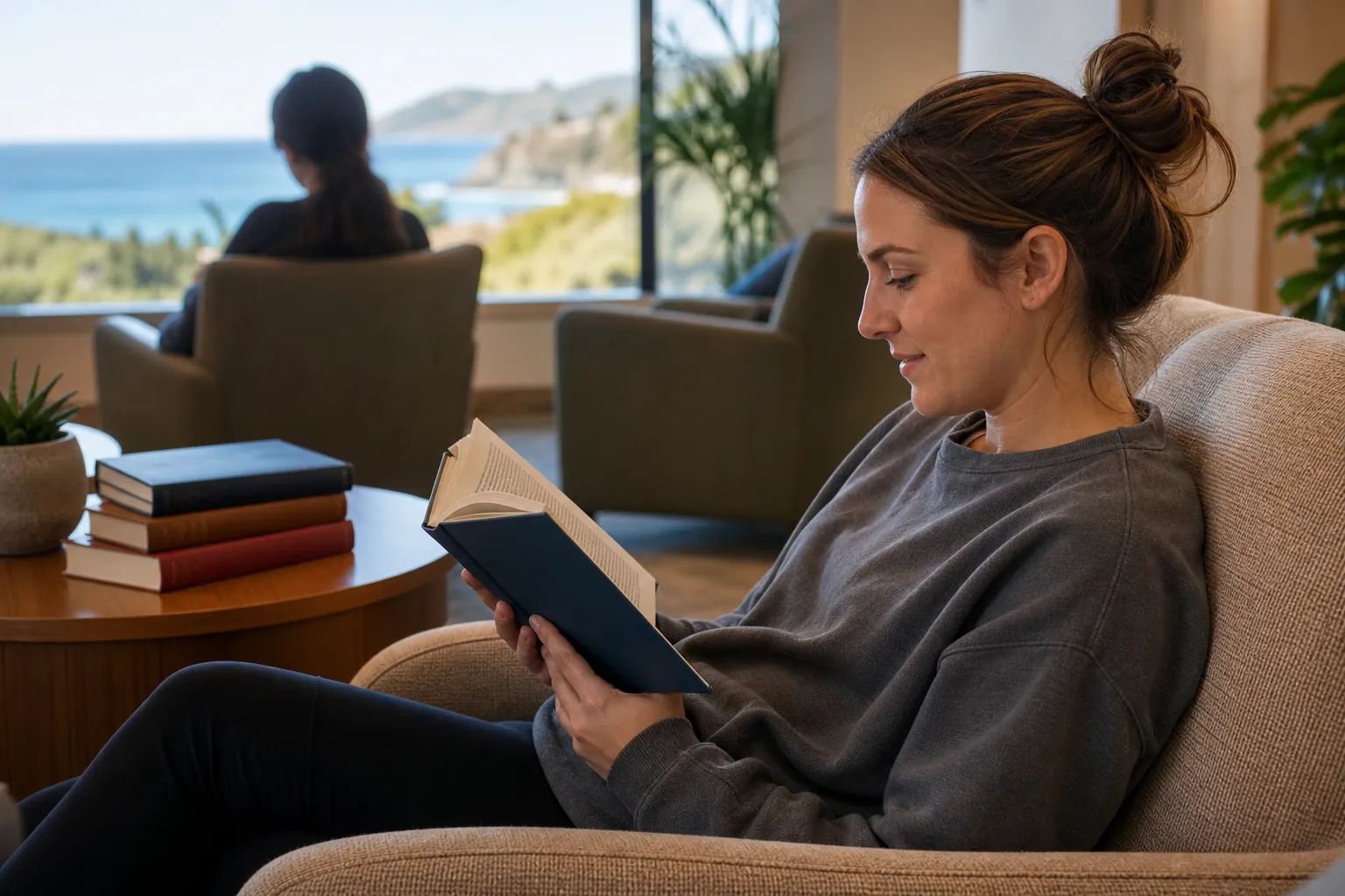 A woman reads a hardcover book in an armchair beside a stack of books, with another person and an ocean view behind her.
