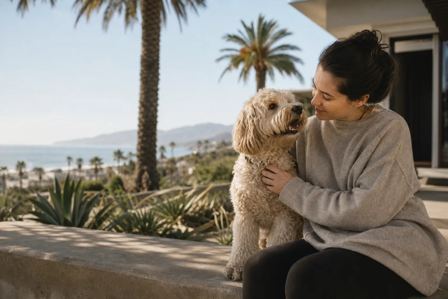 Woman With Dog at a Coastal California Property Woman in a gray sweater holds a curly-haired dog on a terrace overlooking palm trees and the California coast.