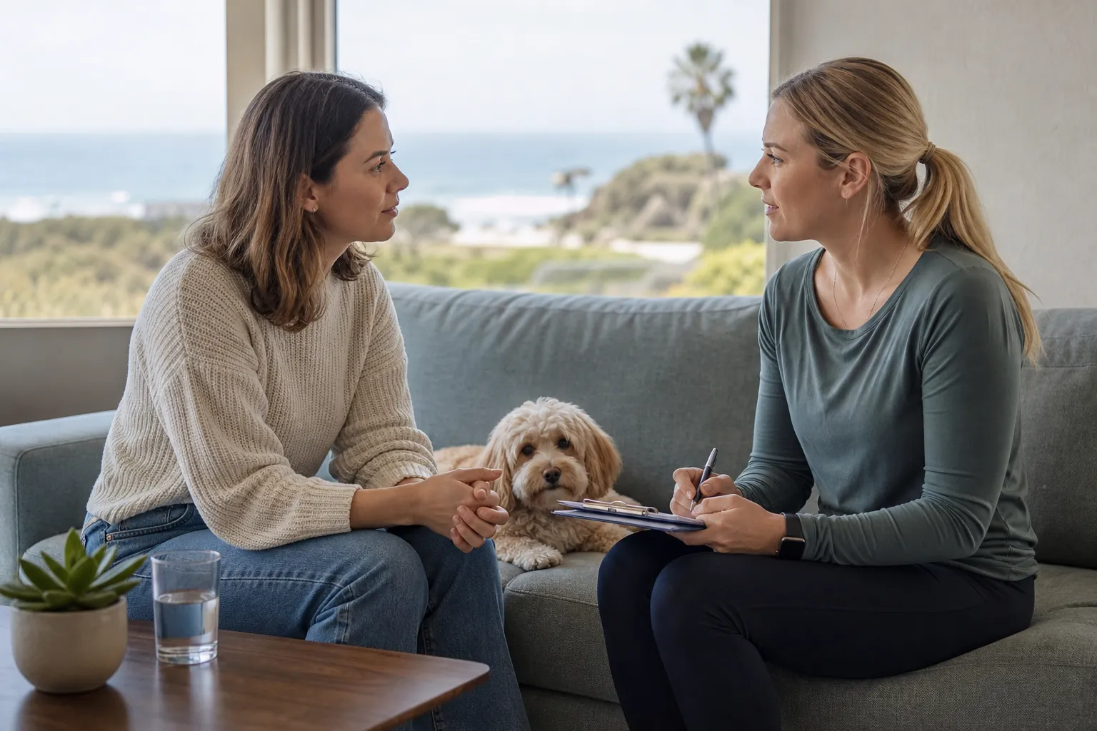 Discussing pet-friendly rehab admission in California Two women discuss admission paperwork beside a small dog on a sofa in a coastal California setting.