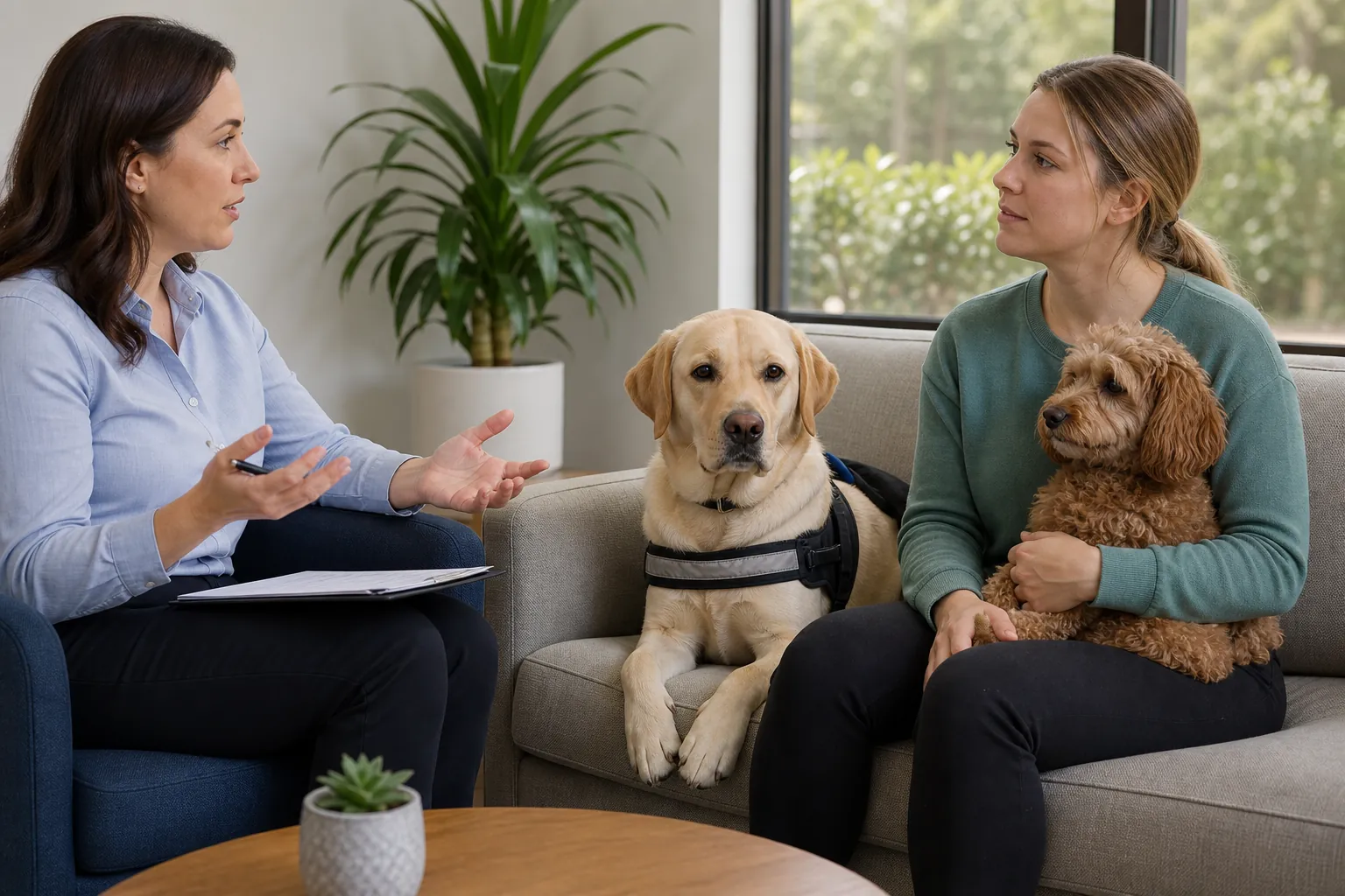 Counselor Discusses Pet and Assistance Animal Policies A counselor speaks with a woman holding a small dog beside a Labrador wearing an assistance animal harness.