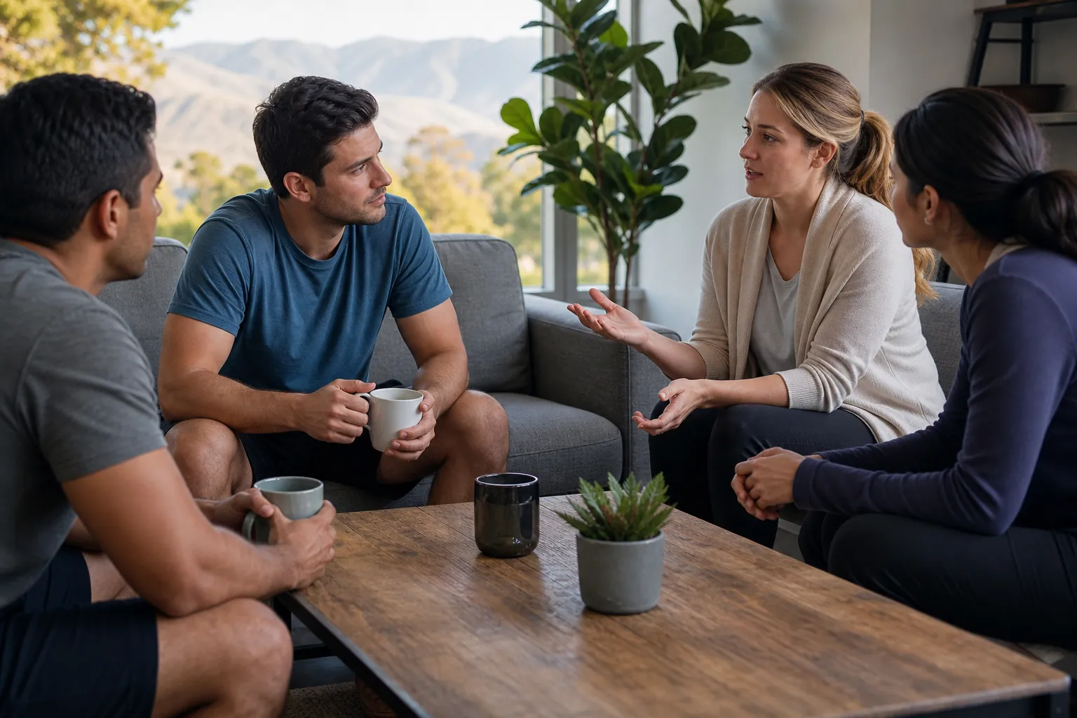 Four adults sit around a wooden coffee table in a bright lounge, two holding mugs while a woman gestures during conversation.
