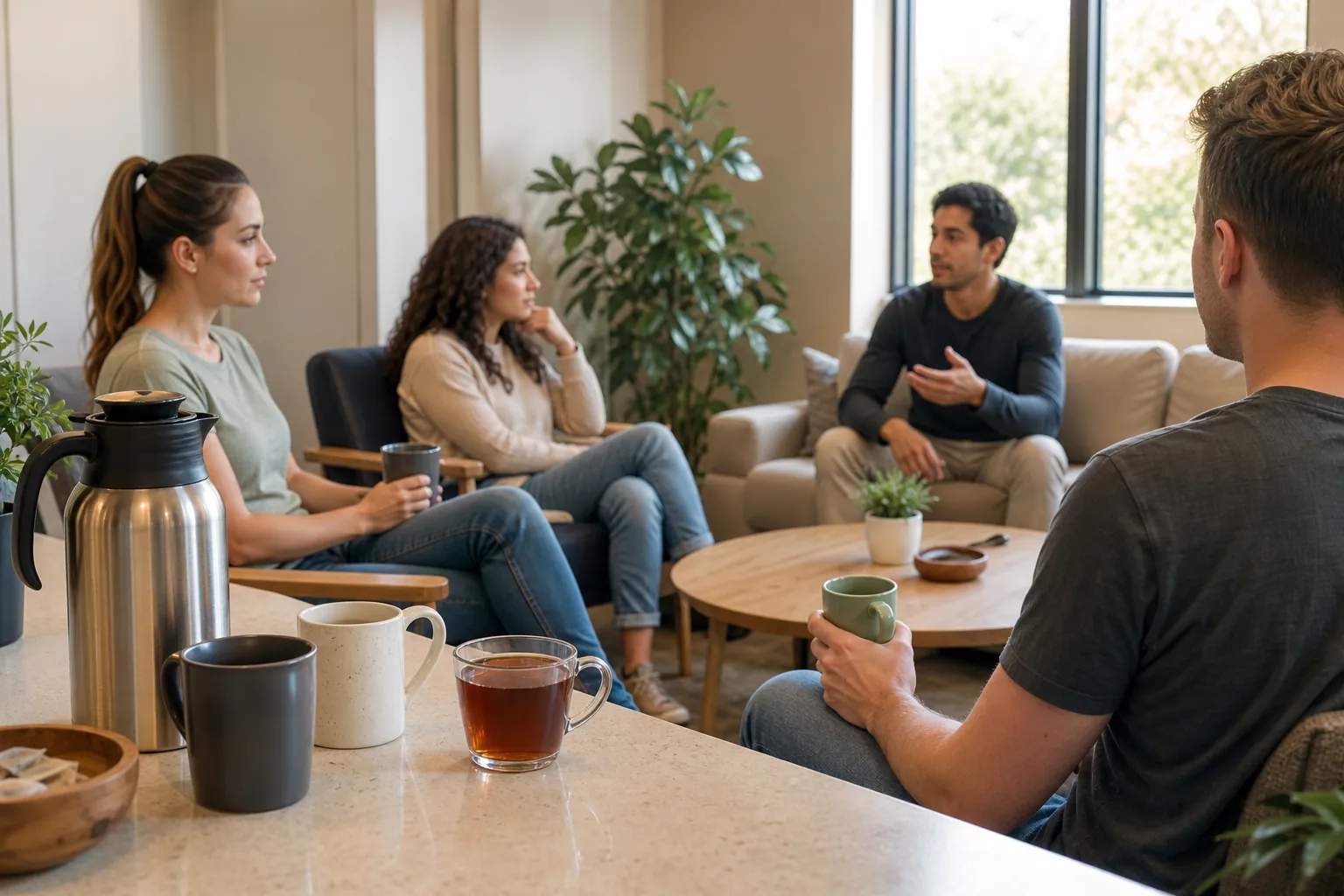 Four adults sit together in a bright lounge with mugs, a stainless steel carafe, and a glass cup of tea nearby.