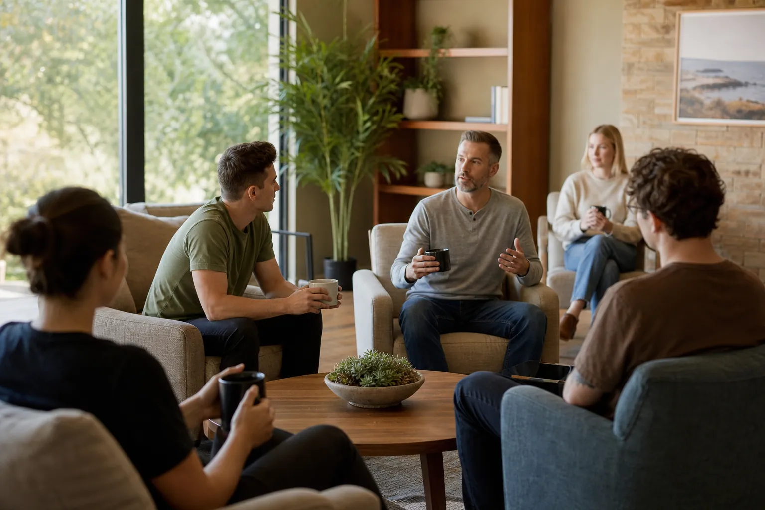 Five adults sit in armchairs around a wooden coffee table, several holding mugs as a man gestures during a group conversation.