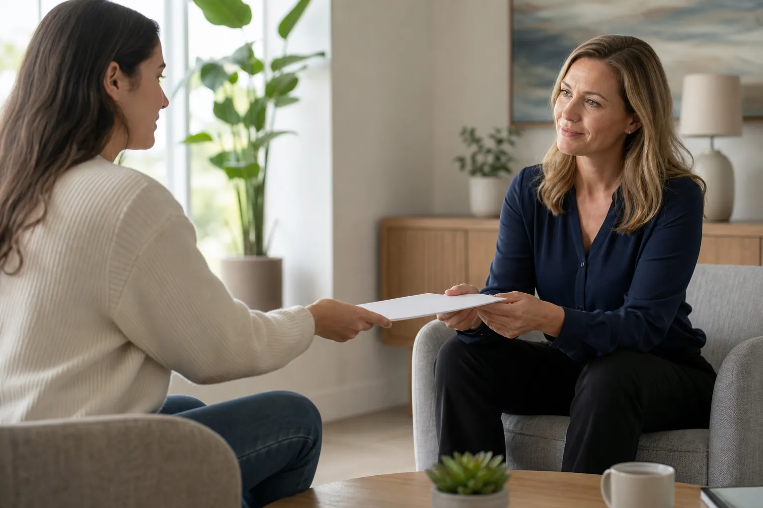 Two women seated in a counseling office exchange a blank document, suggesting consent to share private information.