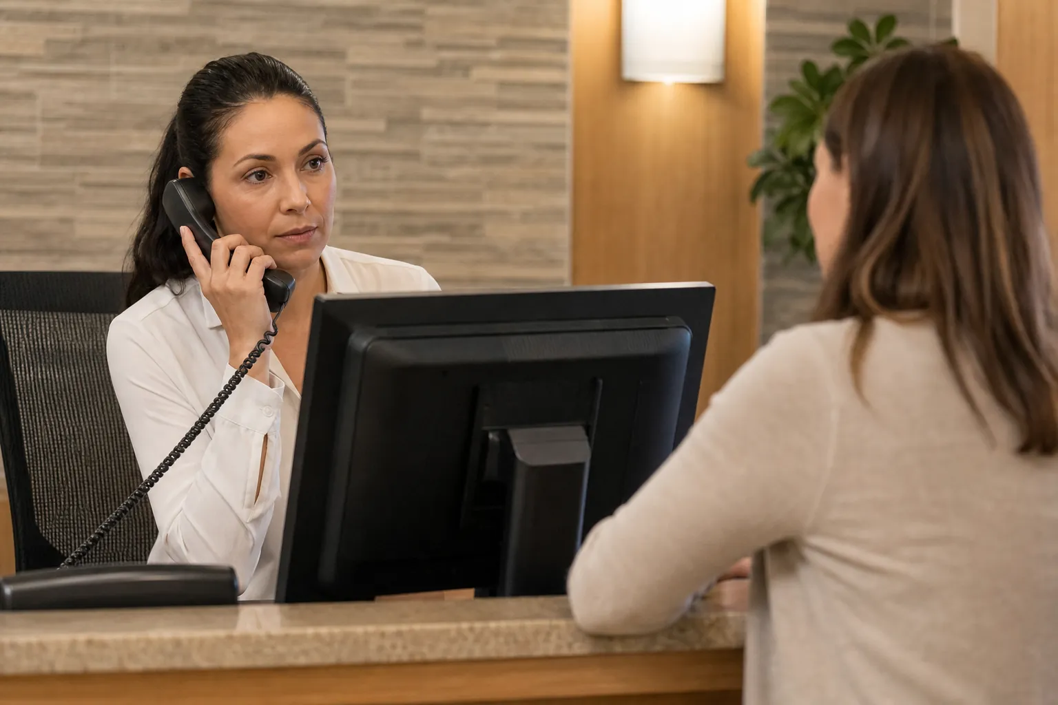Receptionist speaks on a desk phone while a woman waits across the counter at a private facility reception area.