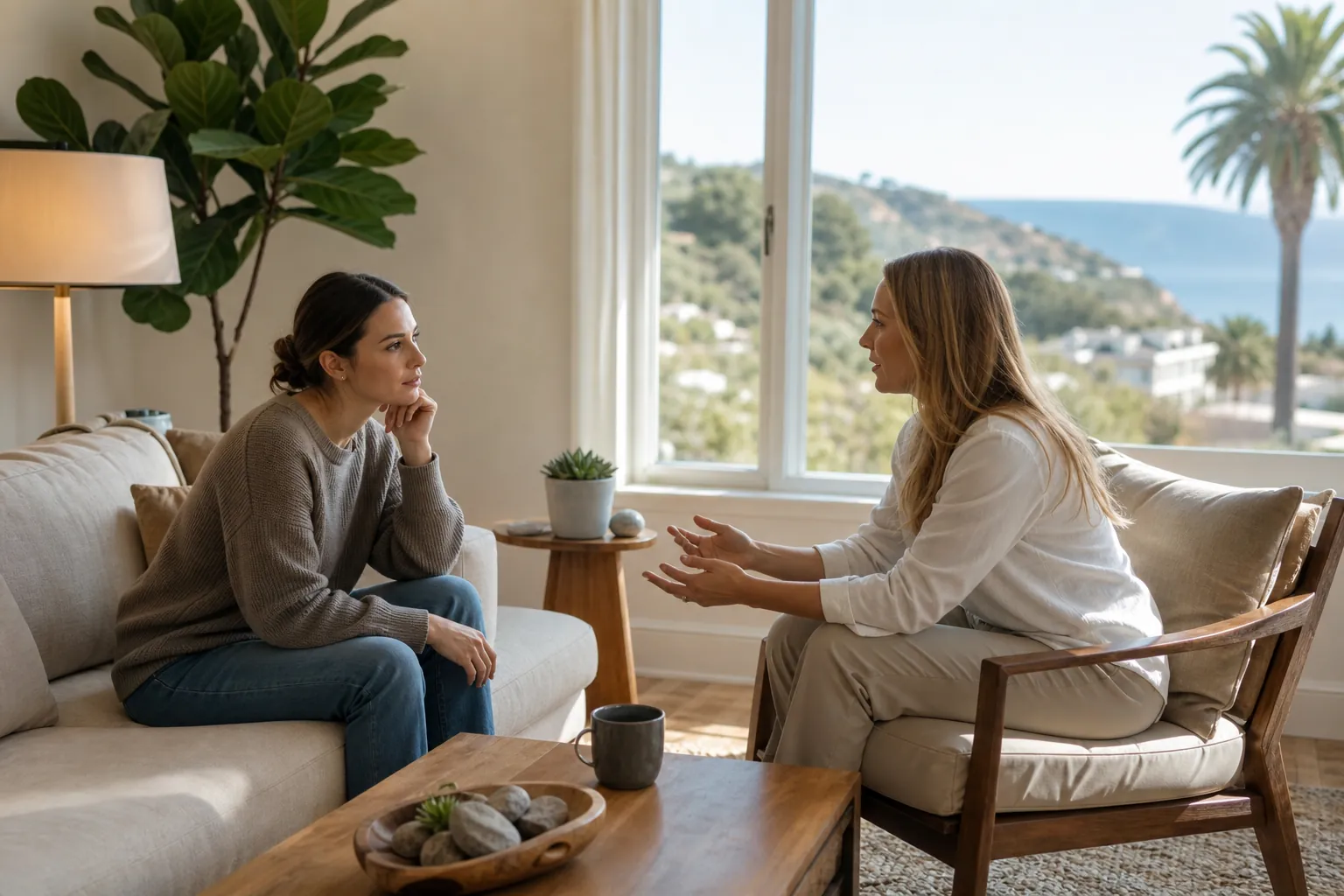 Private conversation about support and communication Two women have a private conversation in a bright living room overlooking a coastal neighborhood and ocean.