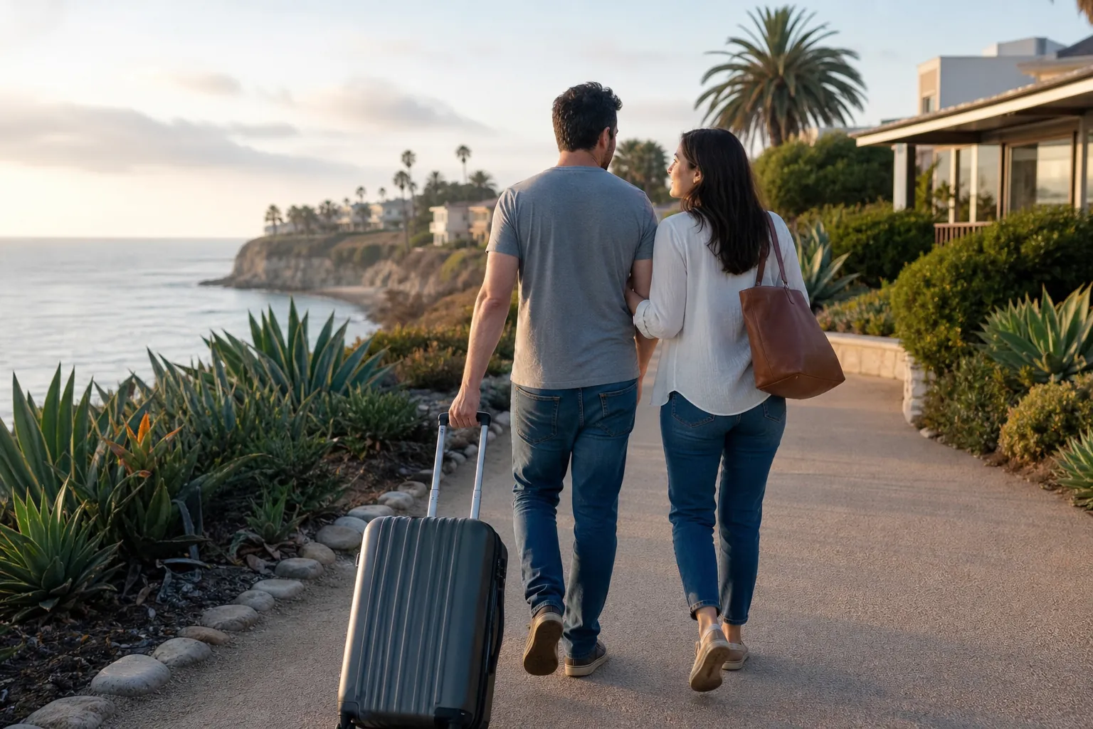 Couple Traveling Together on a California Coastal Path A couple walks with a rolling suitcase along a coastal path beside homes, palm trees, and the ocean.