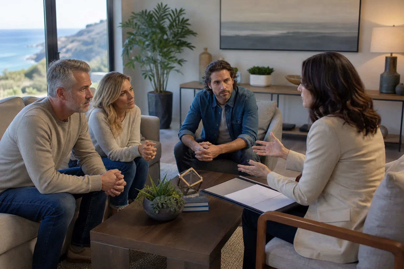 Family Treatment Planning Meeting at a Luxury Rehab Three adults listen as a counselor explains treatment planning during a family meeting in an upscale coastal room.
