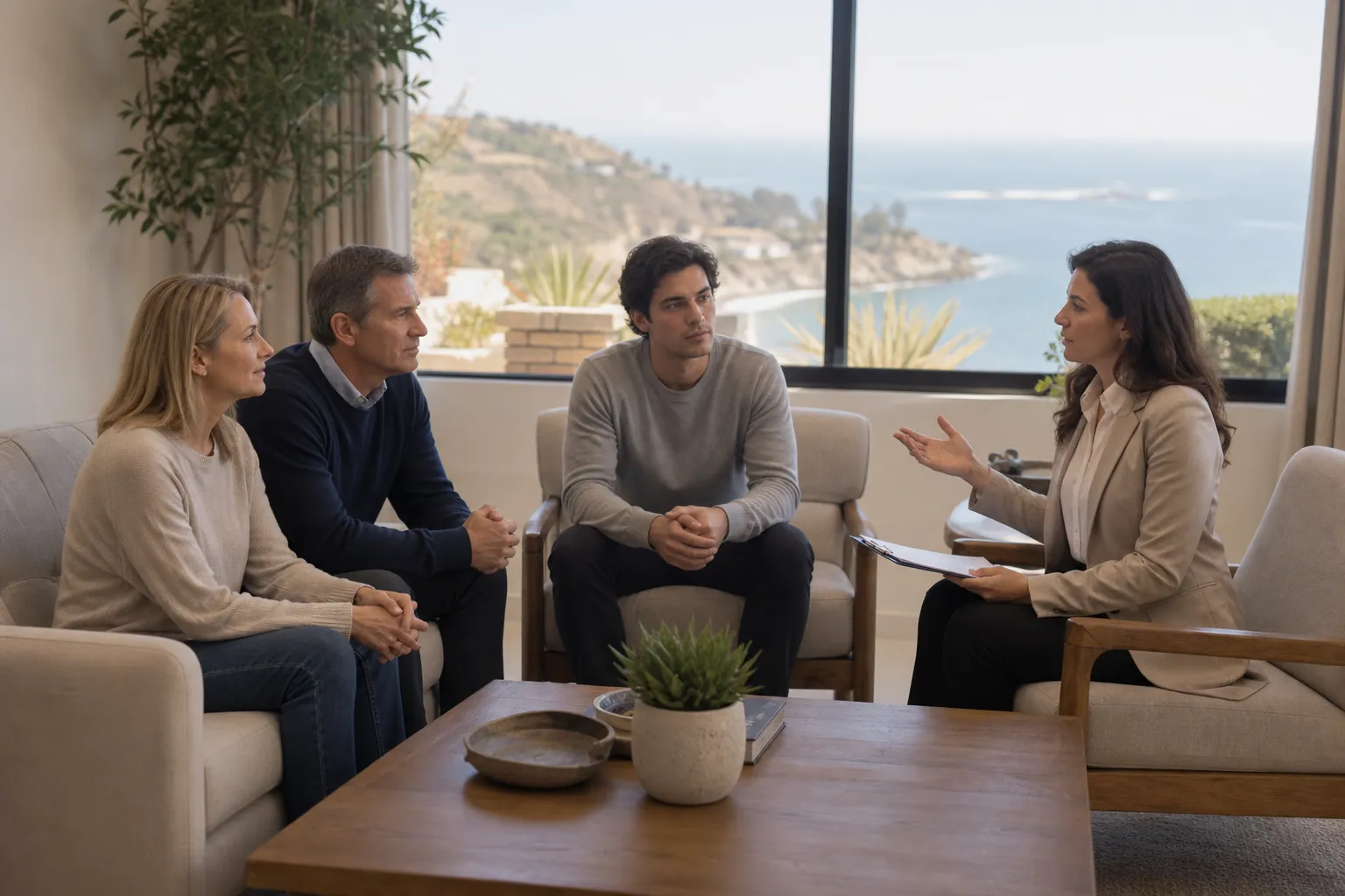 Family treatment planning session at a coastal luxury rehab A counselor speaks with a young man and two older family members in a comfortable room overlooking the California coast.