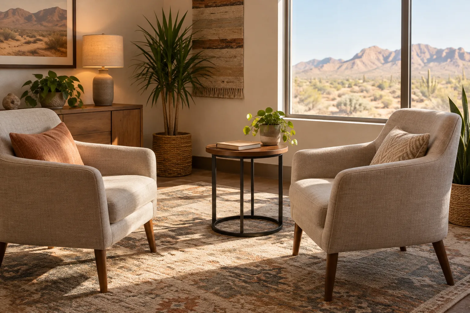 Two beige armchairs beside a round table with a book and potted plant, with desert mountains visible through a large window.