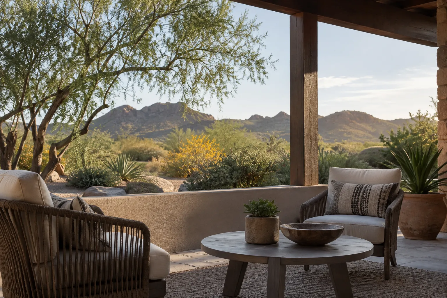 Two cushioned wicker chairs and a round table on a shaded patio overlooking desert plants and rocky mountains.