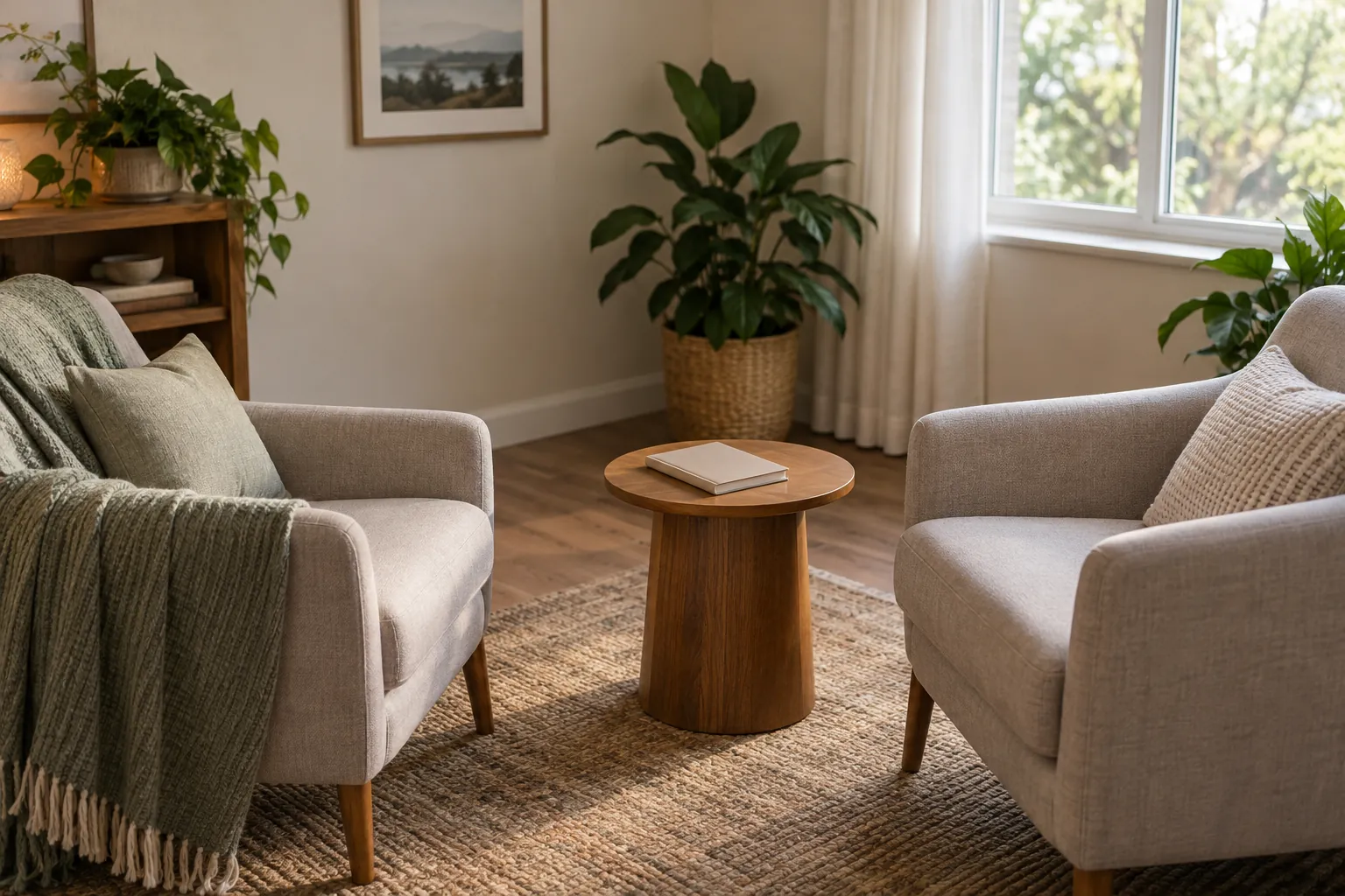 Two upholstered armchairs face a small round wooden table with a closed book in a sunlit room with houseplants.