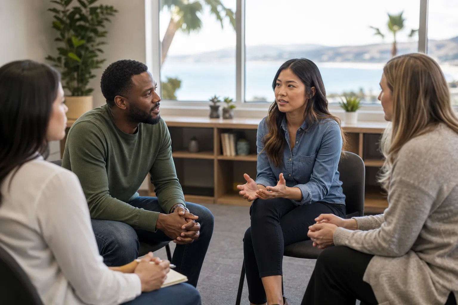 Four adults sit in a circle in a bright room while a woman gestures and the others listen. Four adults sit in a circle in a bright room while a woman gestures and the others listen.